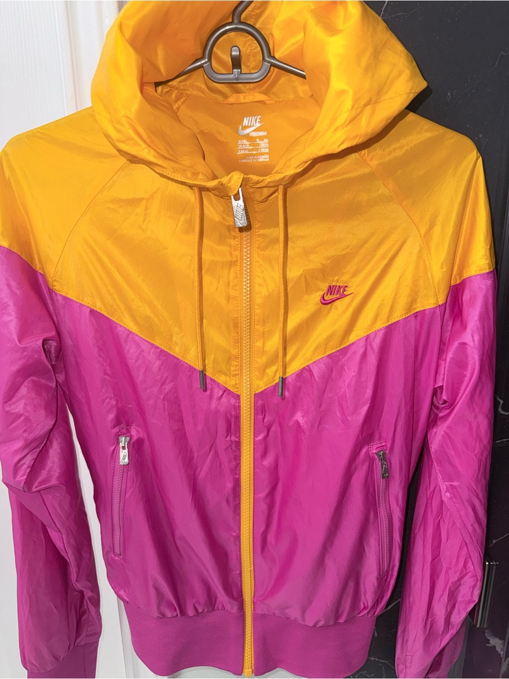 Nike Women's Yellow and Pink Colorblock Hooded Bomber Jacket